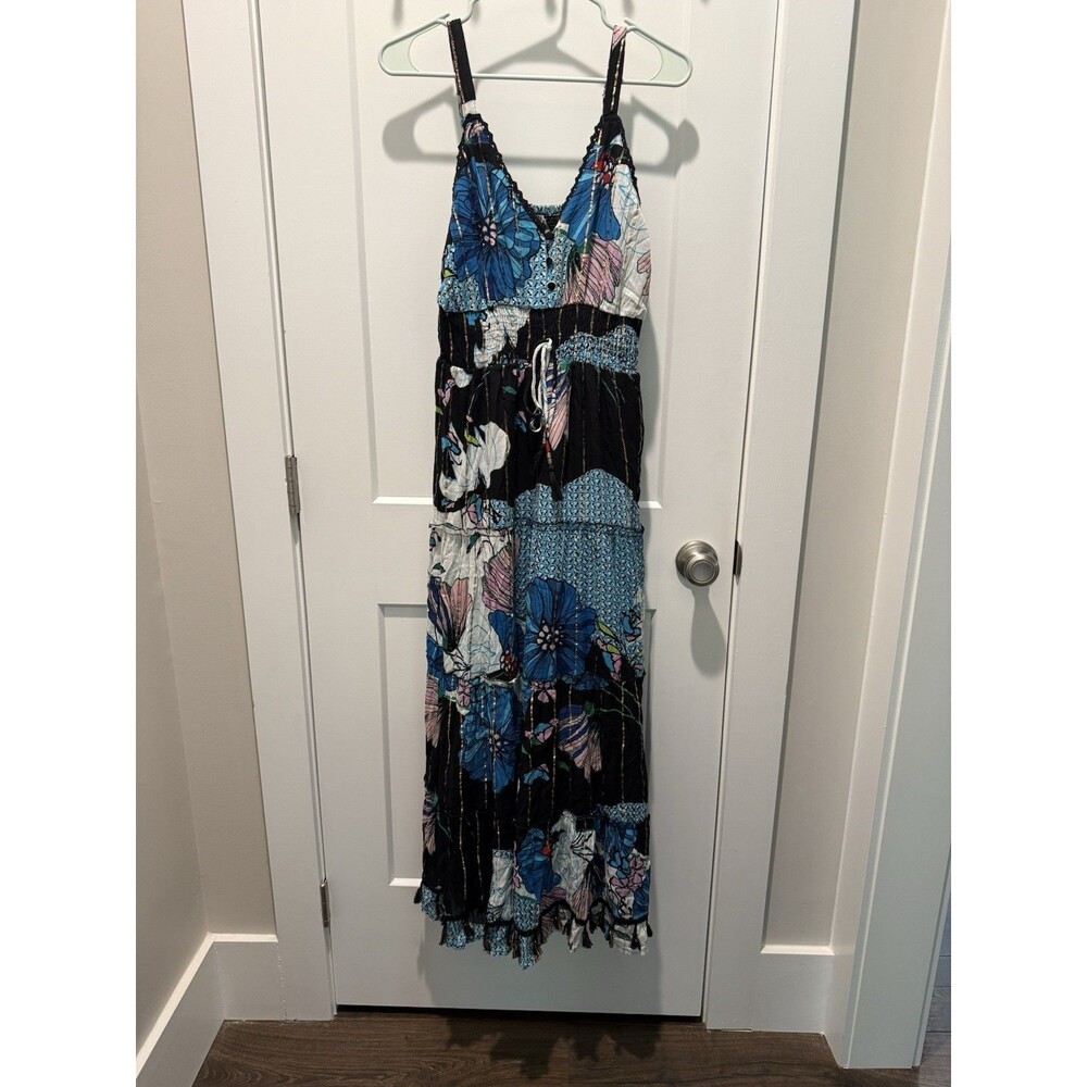 NWT Me 2 Magic Anthropologie Blue Black Metallic Tiered Maxi Dress Sleeveless M